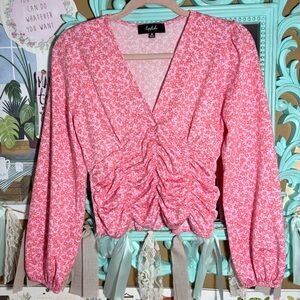 Lipslide V-Neck Ruched Smocked Pink & Orange Floral Long Sleeve Top Blouse Sz.S